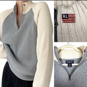 Vintage Ralph Lauren 100% Cotton Quarter Zip Pull Over Rib Knit Sweater Size L